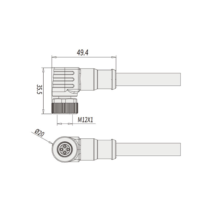 M12 4Pin S-coded、母頭90°、單端預鑄PVC非柔性電纜、灰色護套64SP41-XXX