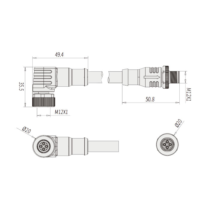 M12 4Pin S-coded、母頭90°轉公頭直型、雙端預鑄PVC非柔性電纜、黃色護套、64SD43-XXX