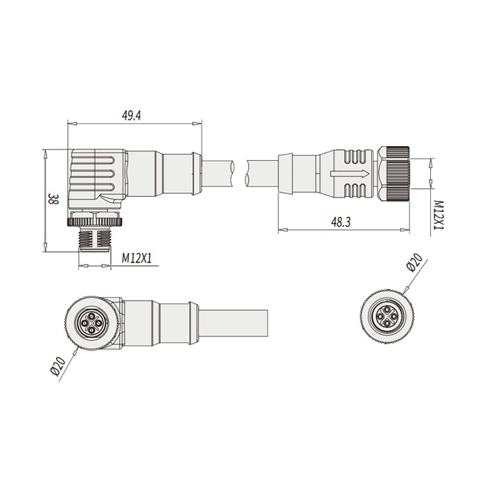 M12 4Pin S-coded、母頭直型轉公頭90°、雙端預鑄PVC非柔性電纜、黃色護套、64SD23-XXX