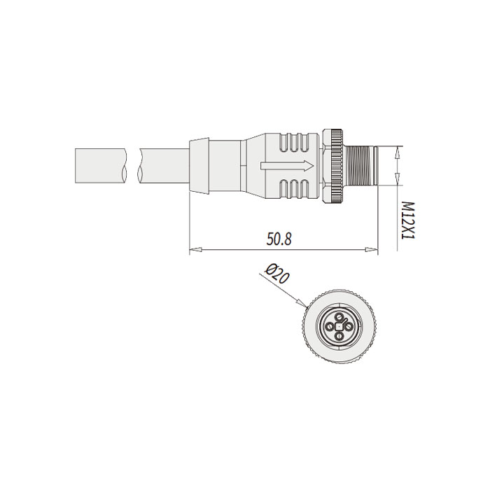 M12 4Pin T-coded、公頭直型、單端預鑄PUR柔性電纜、黑色護套、64TP25-XXX