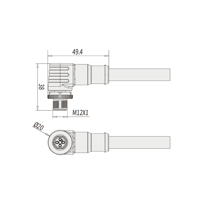 M12 4Pin T-coded、公頭90°、單端預鑄PVC非柔性電纜、灰色護套、64TP61-XXX