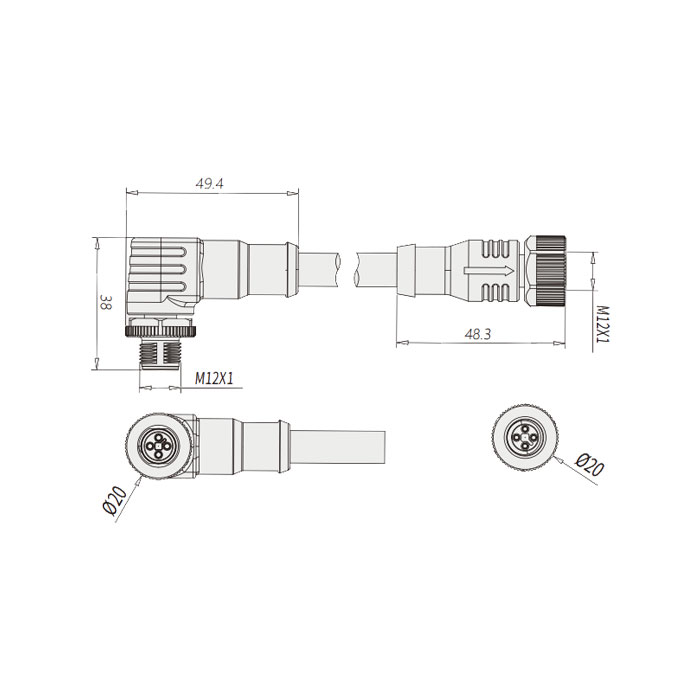 M12 4Pin T-coded、母頭直型轉(zhuǎn)公頭90°、雙端預(yù)鑄PVC非柔性電纜、黃色護(hù)套、64TD23-XXX