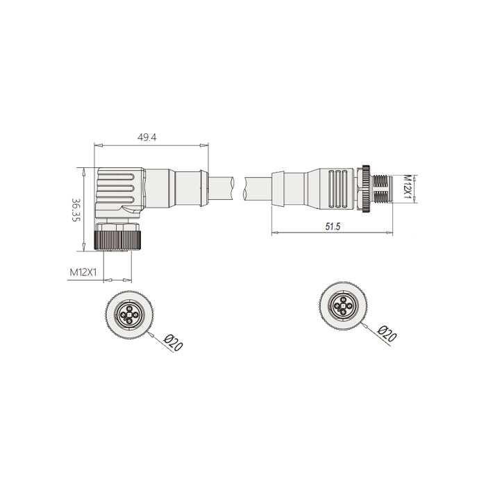 M12 4Pin T-coded、母頭90°轉公頭直型、雙端預鑄PVC非柔性電纜、灰色護套、64TD41-XXX