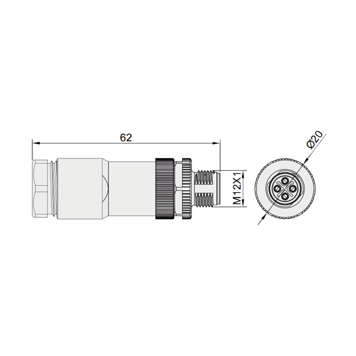 M12  4Pin、S-coded、公頭直型、螺釘連接、64SX21