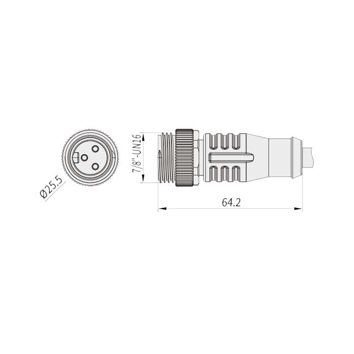 7/8”3Pin、公頭直型、單端預鑄PVC非柔性電纜、灰色護套、0PI381-XXX