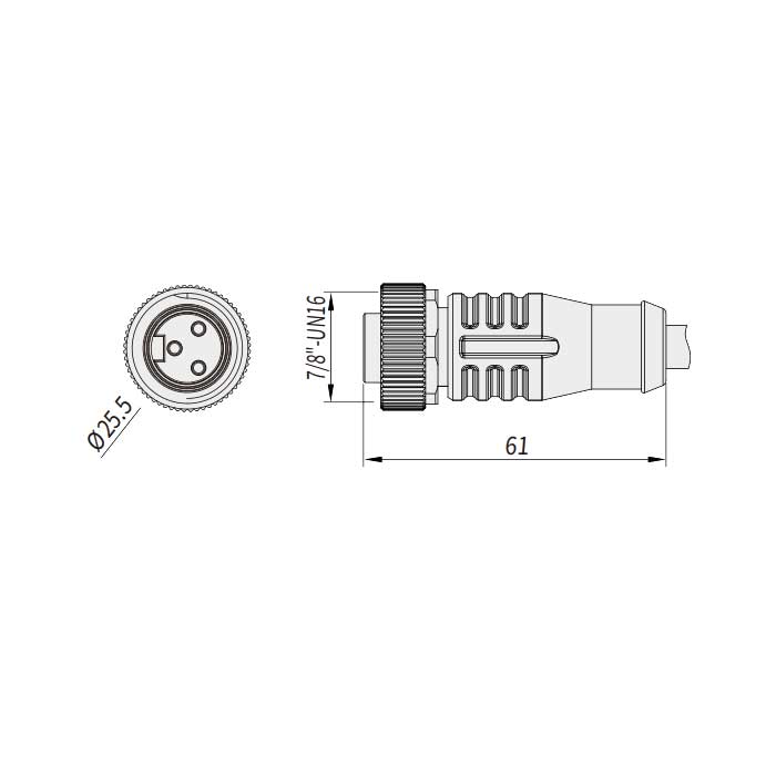 7/8”3Pin、母頭直型、單端預鑄PUR柔性電纜、黑色護套、0PI365-XXX