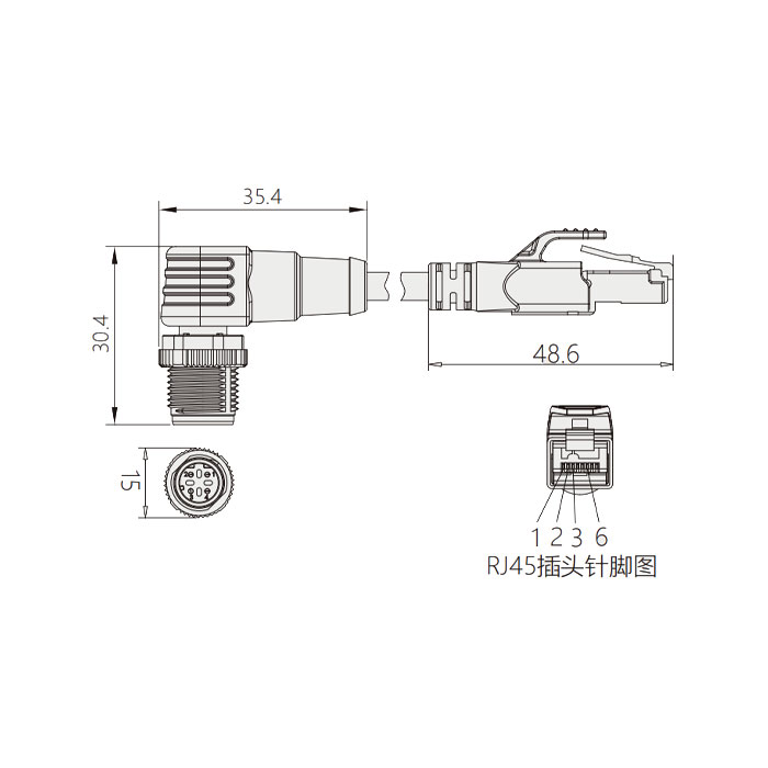 M12 4Pin D-coded 公頭90°轉RJ45公頭直型、雙端預鑄PVC非柔性電纜、帶屏蔽、黃色護套、0C4598-XXX