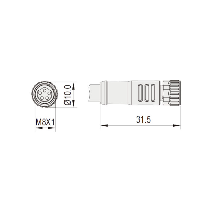 M8 5Pin、母頭直型、單端預鑄PVC非柔性電纜、帶屏蔽、灰色護套、63S707-XXX