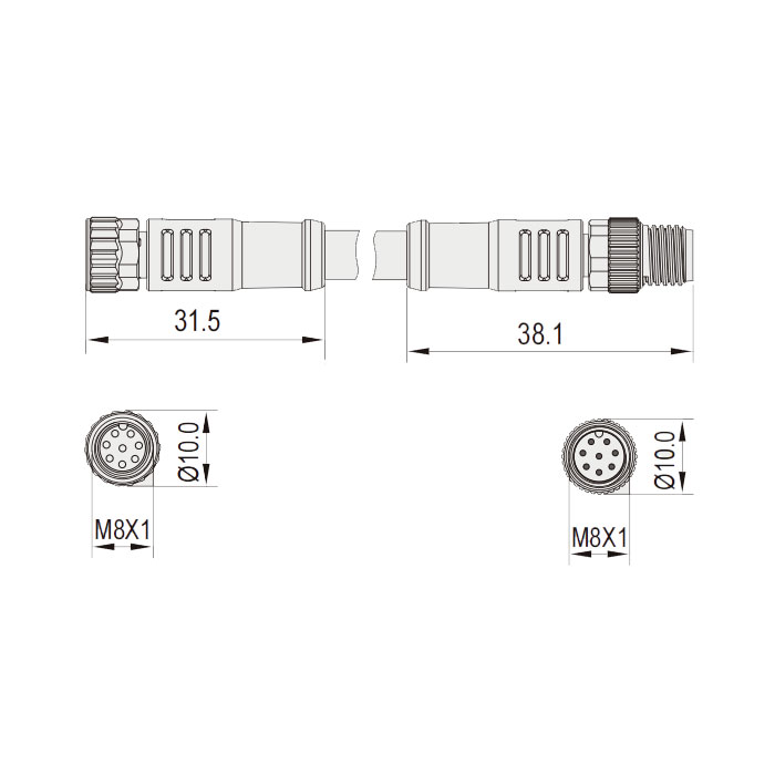 M8 8Pin、母頭直型轉公頭直型、雙端預鑄PUR柔性電纜、帶屏蔽、黑色護套、63DA81-XXX