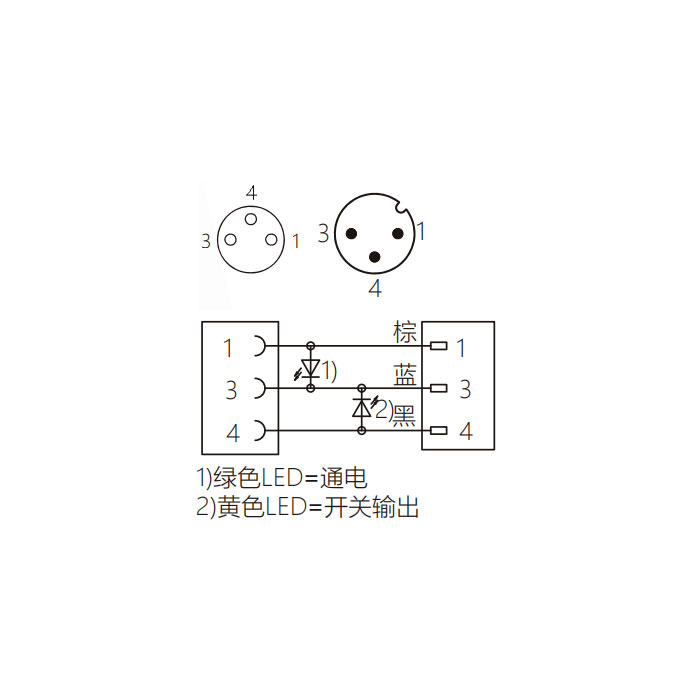 M8母頭直型、帶LED燈轉M12公頭直型、3Pin、雙端預鑄PVC非柔性電纜、灰色護套、63D253-XXX