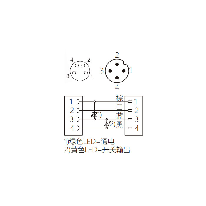 M8母頭直型、帶LED燈轉M12公頭直型、 4Pin、雙端預鑄PUR柔性電纜、黑色護套、63D311-XXX