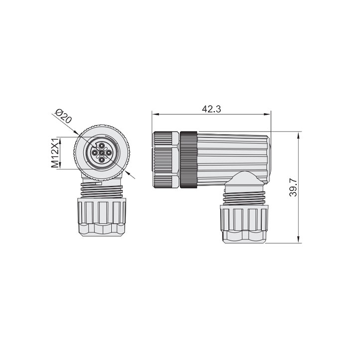 M12 5Pin、母頭90°、食品級、螺釘連接、64F269