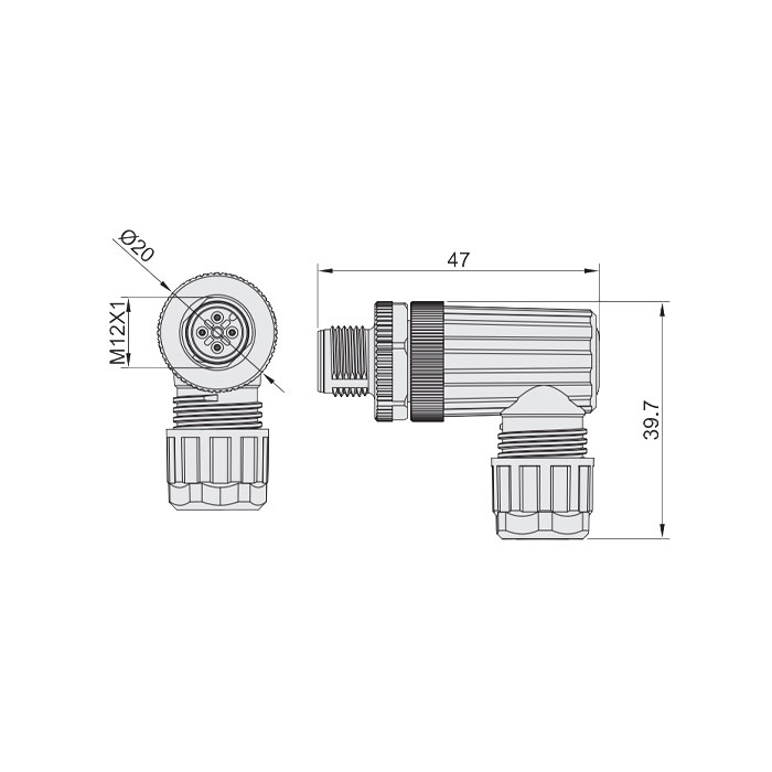 M12 5Pin、公頭90°、食品級、螺釘連接、64F349