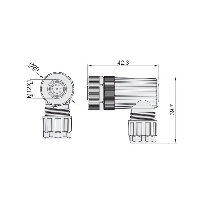 M12 8Pin、母頭90°、食品級、螺釘連接、64F409