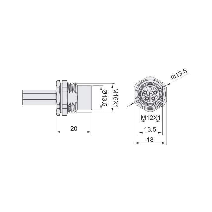 M12 5Pin L-coded、母頭直型、法蘭插座、板后安裝、適用于現場焊接安裝、64LB01H