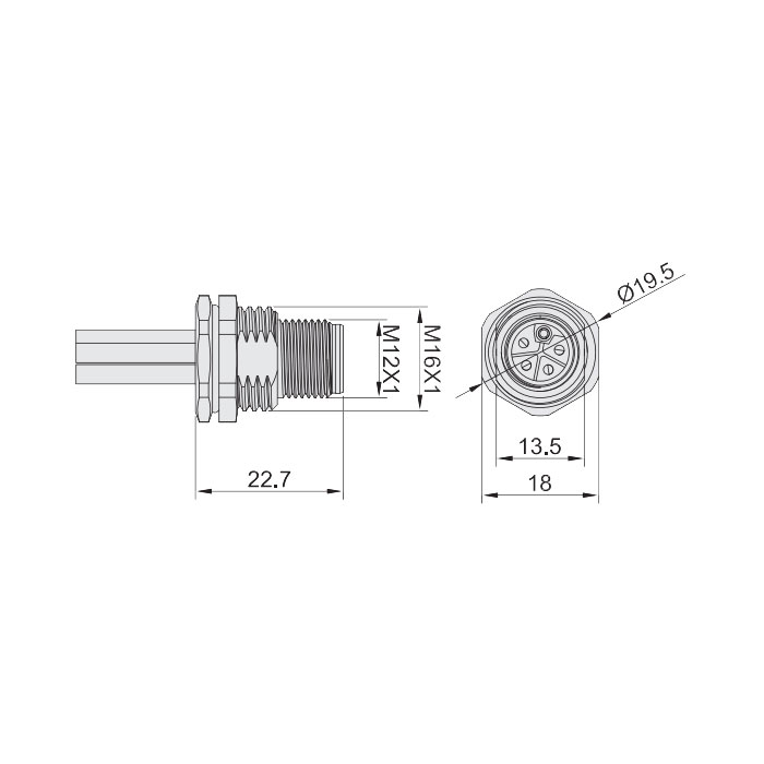 M12 5Pin L-coded、公頭直型、法蘭插座、板后安裝、適用于現(xiàn)場焊接安裝、64LB21H