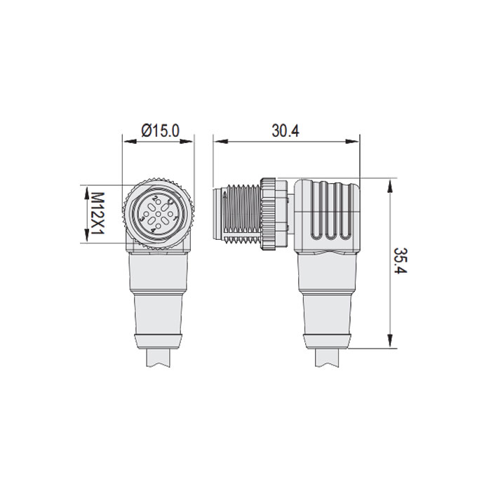 M12 5Pin 、公頭90°、引腳5灰色、單端預鑄PUR柔性電纜、帶屏蔽、黑色護套、64S565-XXX