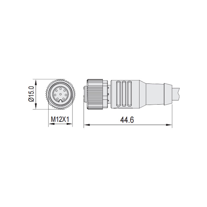 M12 8Pin、母頭直型、單端預鑄PUR柔性電纜、黑色護套、64S321-XXX