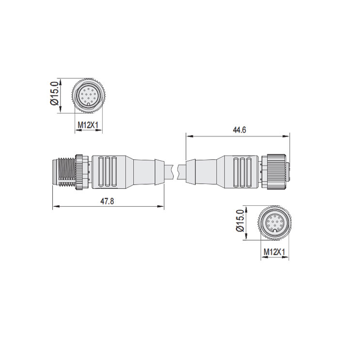 M12 12Pin、母頭直型轉公頭直型、雙端預鑄PUR柔性電纜、帶屏蔽、黑色護套、64DA15-XXX