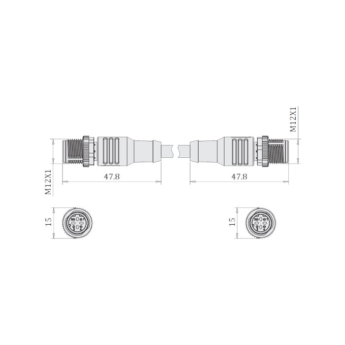 M12 4Pin D-coded、公頭直型轉公頭直型、雙端預鑄PVC非柔性電纜、帶屏蔽、灰色護套、64DD27-XXX