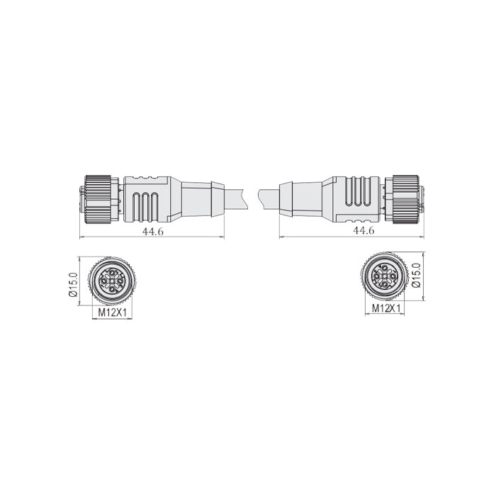 M12 4Pin D-coded、母頭直型轉母頭直型、雙端預鑄PVC非柔性電纜、帶屏蔽、灰色護套、64DD67-XXX