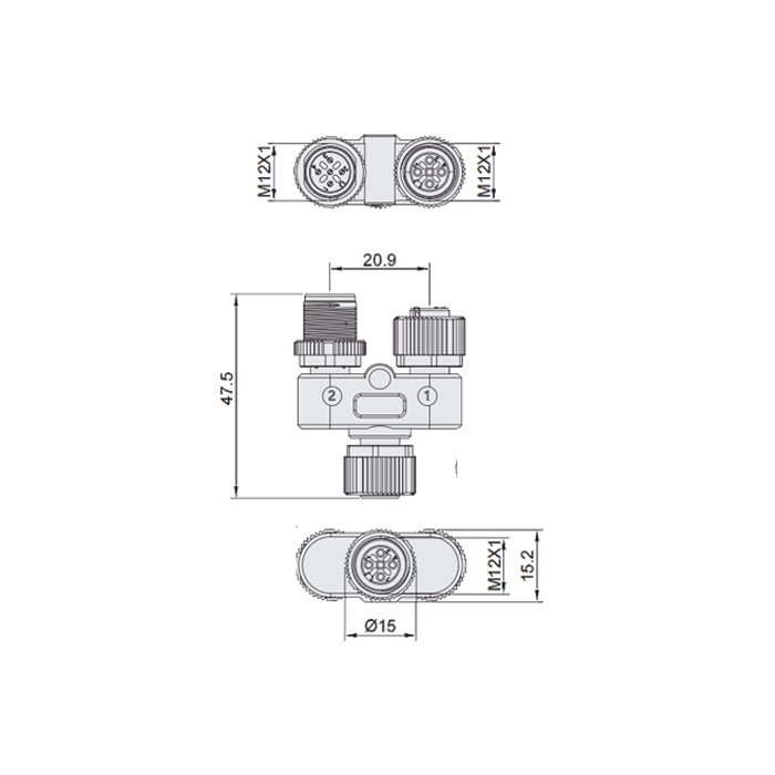 M12 8Pin母頭/M12 5Pin公頭+M12 5Pin母頭、三通接頭、648551