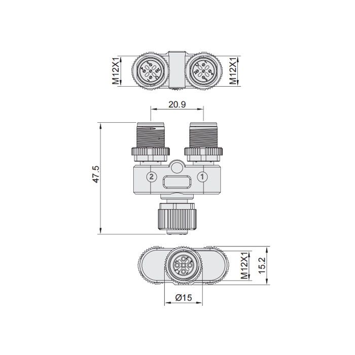 M12 5Pin母頭/M12 3Pin公頭+M12 2Pin公頭、三通接頭、645231