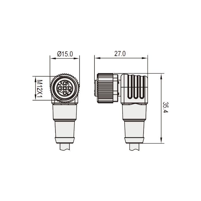 M12 3Pin、母頭90°、帶LED燈、IP 69K-ECOLAB、食品級(jí)、單端預(yù)鑄PUR柔性電纜、黑色護(hù)套、64E001-XXX