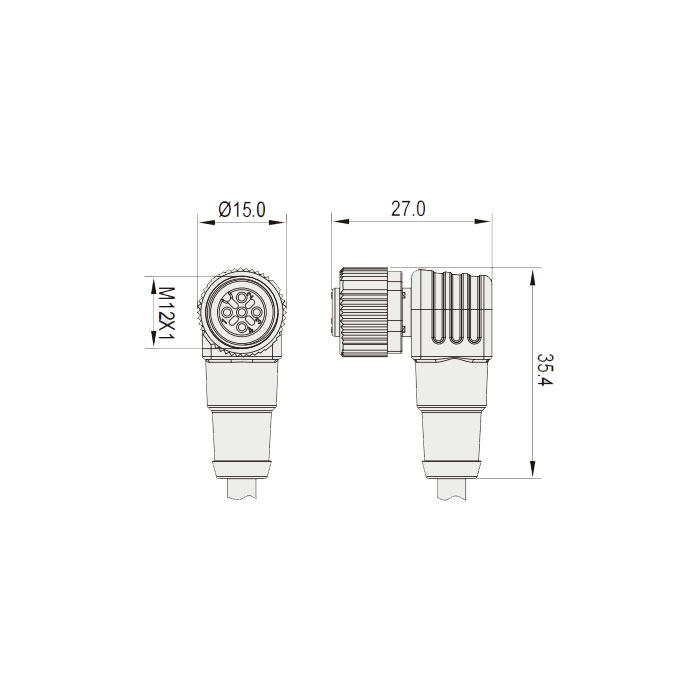 M12 4Pin 母頭90°、IP 69K-ECOLAB、食品級、單端預鑄PVC非柔性電纜、灰色護套、64E043-XXX