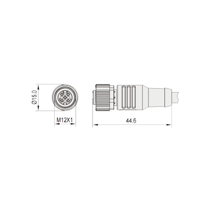 M12 4Pin 母頭直型、IP 69K-ECOLAB、食品級、單端預鑄PVC非柔性電纜、灰色護套、64E023-XXX