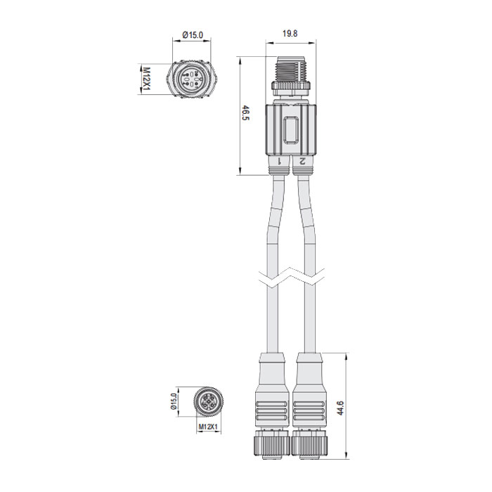 M12 4Pin公頭/2M12 3Pin母頭直型、IP 69K-ECOLAB、食品級、Y型預鑄PVC非柔性電纜、灰色護套、64E403-XXX