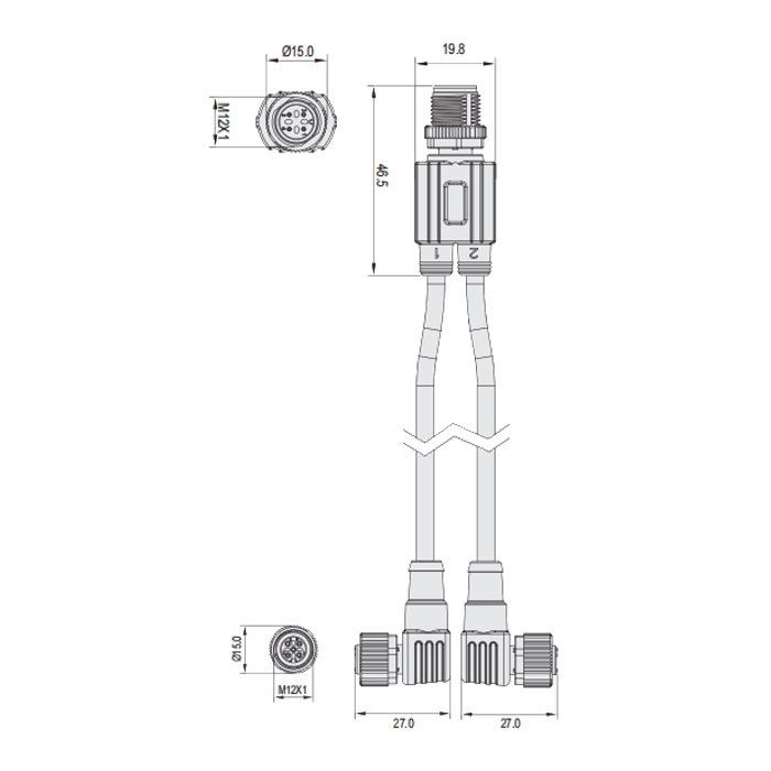 M12 4Pin公頭/2M12 3Pin母頭90°、帶LED燈、IP 69K-ECOLAB、食品級、Y型預鑄PUR柔性電纜、黑色護套、64E421-XXX