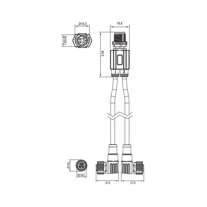 M12 4Pin公頭/2M12 3Pin母頭90°、帶LED燈、Y型預鑄PUR拖鏈電纜、黑色護套、64D441-XXX