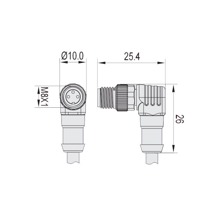  M8 3Pin、公頭90°、單端預鑄電纜、防焊渣PUR材質、橙色護套、63T541-XXX