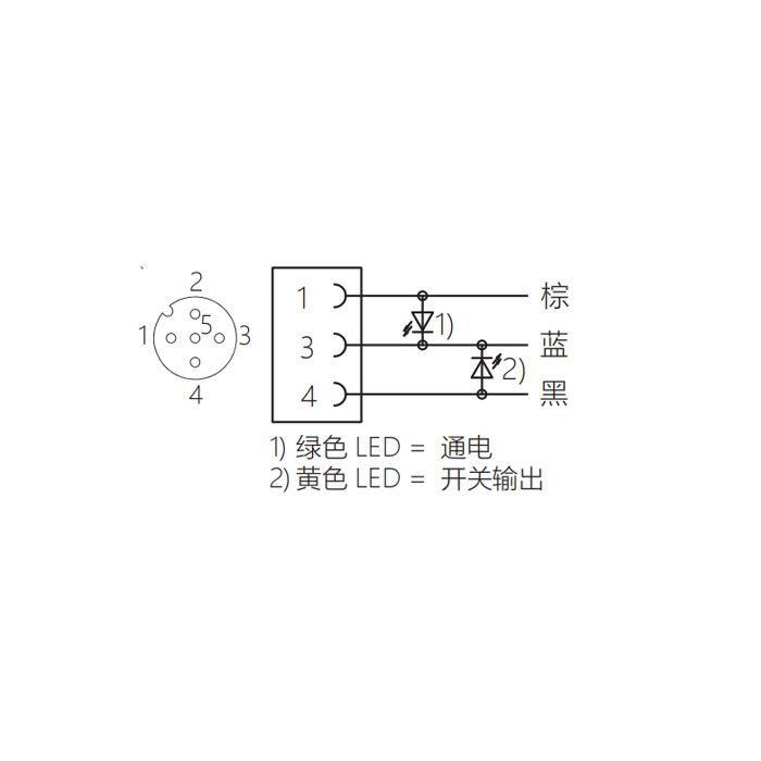 M12 3Pin、母頭直型、帶LED燈、單端預鑄電纜、防焊渣PUR材質、黃色護套、64T031-XXX