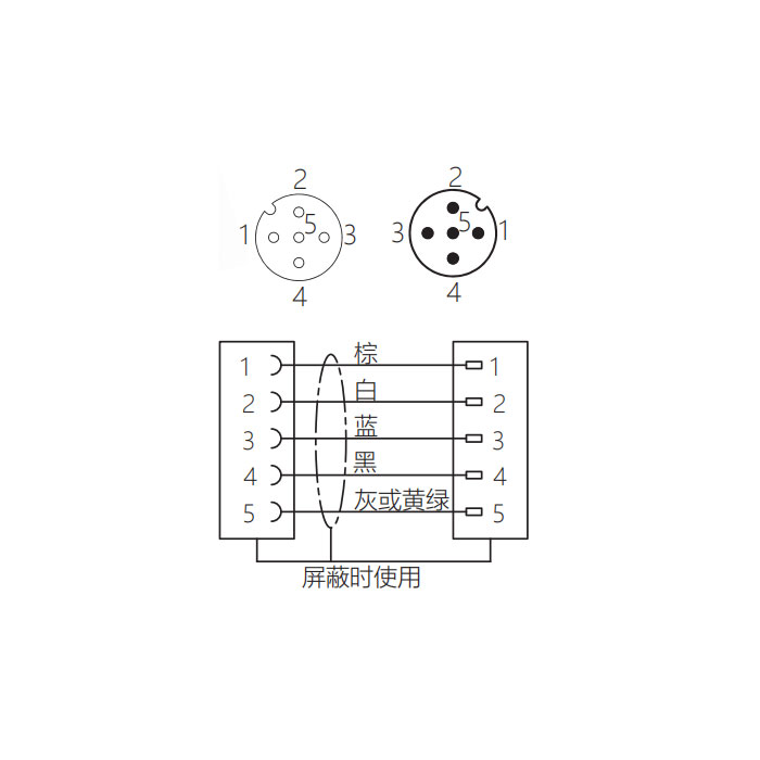 M12 5Pin、母頭直型轉公頭直型、雙端預鑄防焊渣PUR柔性電纜、黃色護套、64T531-XXX