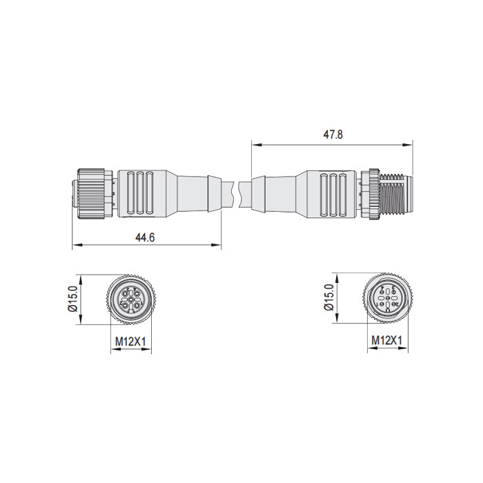 M12 4Pin、母頭直型轉公頭直型、雙端預鑄防焊渣PUR柔性電纜、黃色護套、64T101-XXX