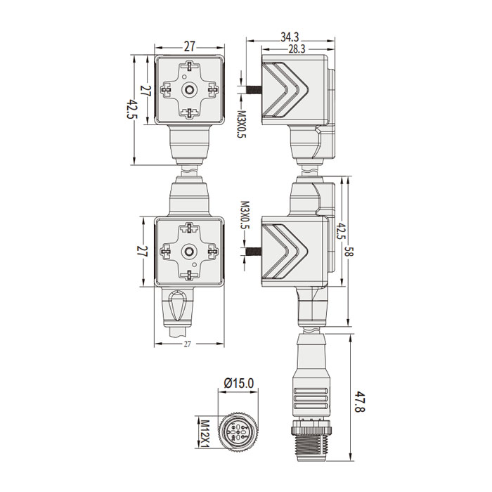 閥門插頭類型A，DIN，18mm，4Pin/M12直型公頭、雙端預(yù)鑄PUR柔性電纜、黑色護(hù)套、6VA081-L1/L2