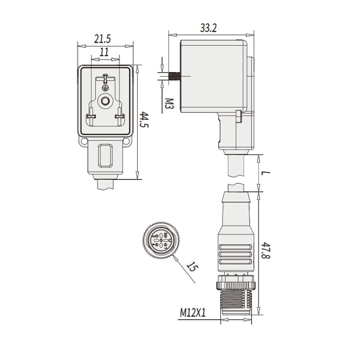 閥門插頭類型B，工業，11 mm，3Pin/M12公頭直型、雙端預鑄PUR柔性電纜、黑色護套、6VB141-XXX