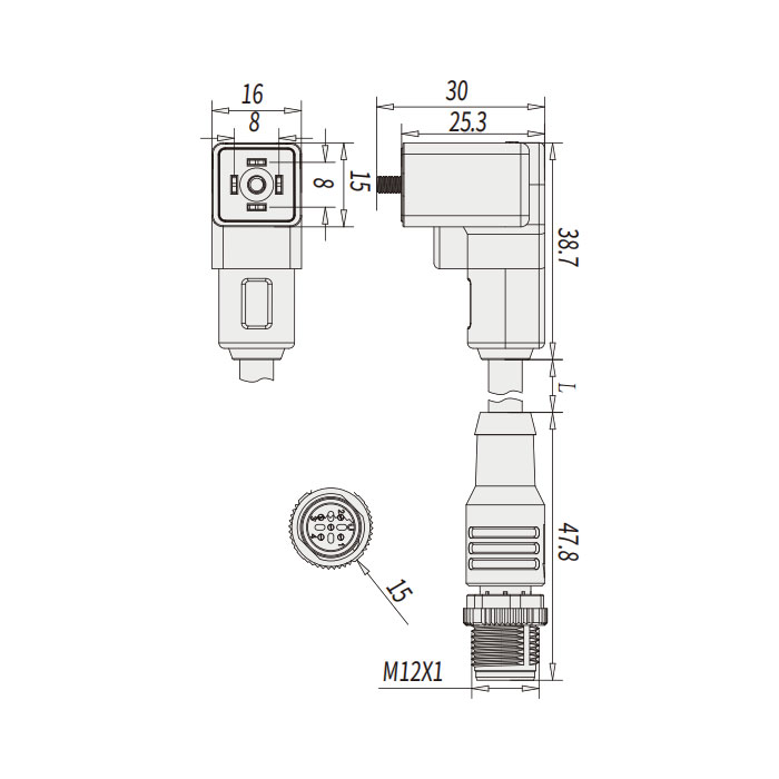 閥門插頭類型C，DIN，8mm，4Pin/M12公頭直型、雙端預鑄PUR柔性電纜、黑色護套、6VC021-XXX