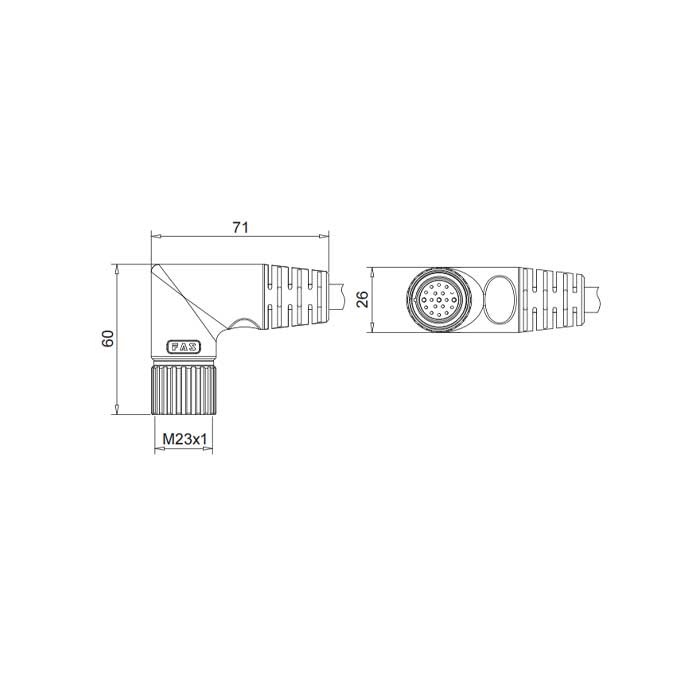 M23 19Pin、母頭90°、單端預(yù)鑄PUR柔性電纜、黑色護(hù)套、68LB41-XXX