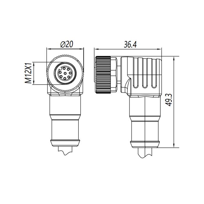 M12 8Pin、母頭90°、單端預鑄PUR柔性電纜、黑色護套、64S441-XXX