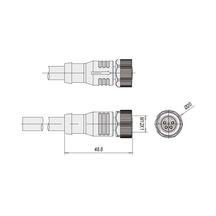 M12 5Pin、L-coded、母頭直型、單端預鑄PVC非柔性電纜、黃色護套、64LS03-XXX