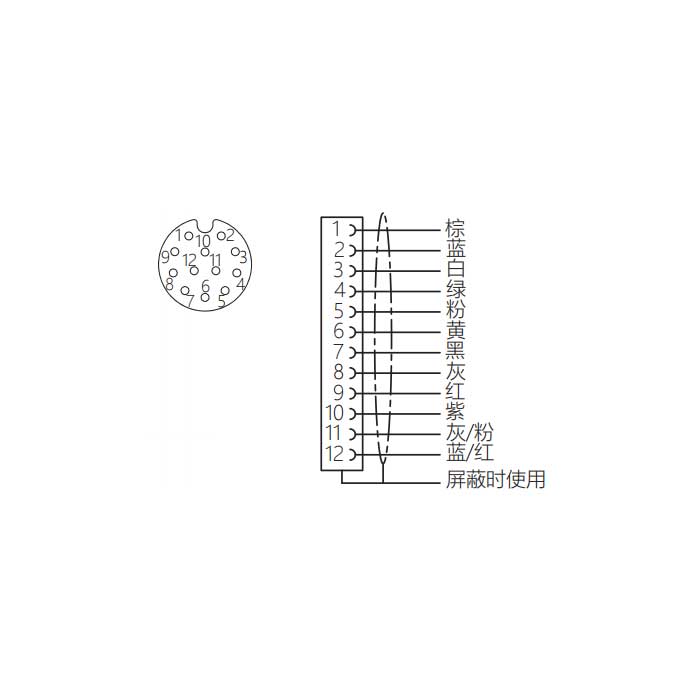 M12 12Pin、母頭直型、單端預鑄PUR柔性電纜、黑色護套、64S381-XXX