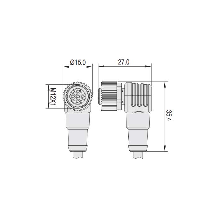 M12 5Pin 、母頭90°、引腳5黃綠、單端預鑄PUR柔性電纜、黑色護套、64S289-XXX