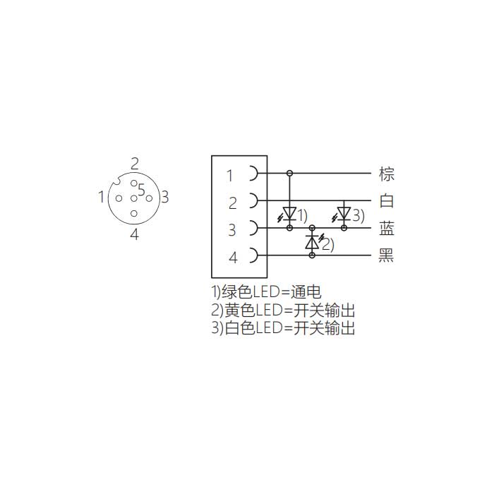 M12 4Pin、母頭90°、帶LED 燈、單端預(yù)鑄PVC非柔性電纜、灰色護(hù)套、64S243-XXX