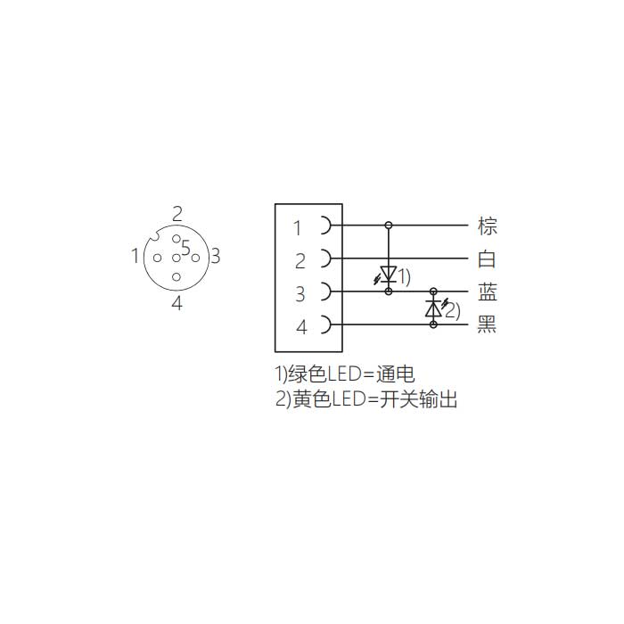 M12 4Pin、母頭90°、帶LED 燈、單端預鑄PVC非柔性電纜、灰色護套、64S223-XXX