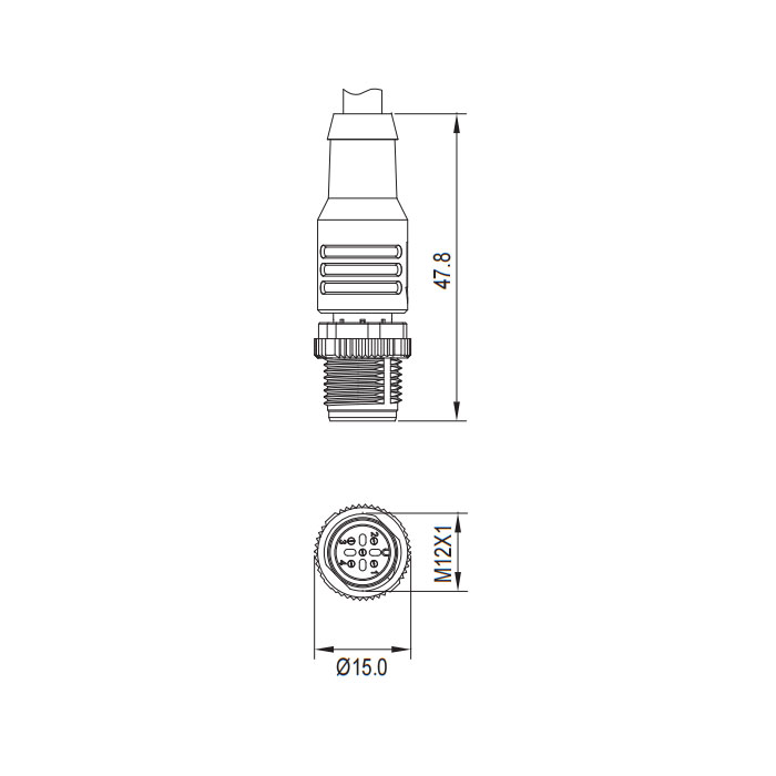 M12 4Pin、公頭直型、單端預鑄PVC非柔性電纜、帶屏蔽、灰色護套、64S107-XXX