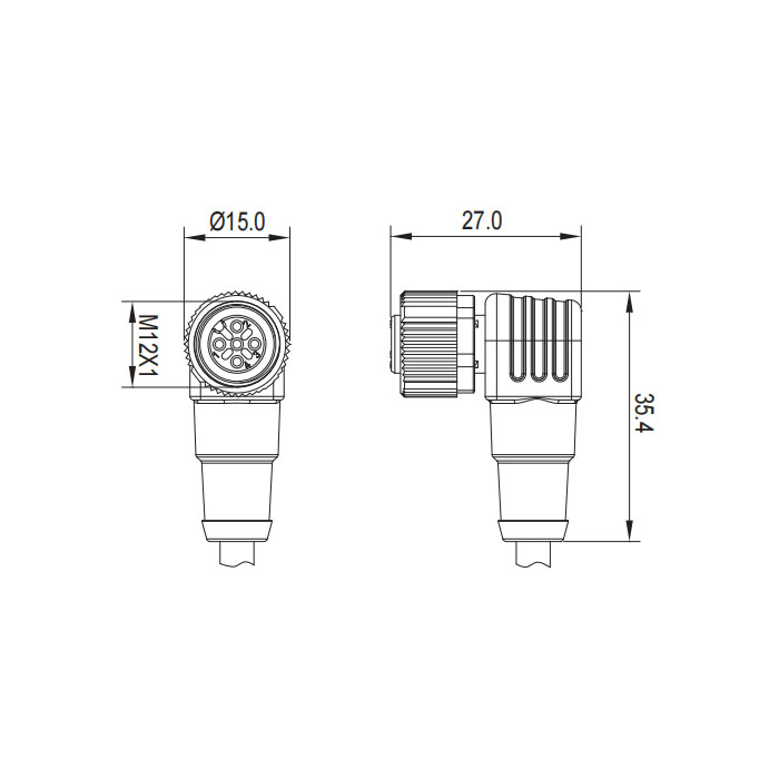 M12 3Pin、母頭90°、單端預鑄PUR柔性電纜、帶屏蔽、黑色護套、64S045-XXX