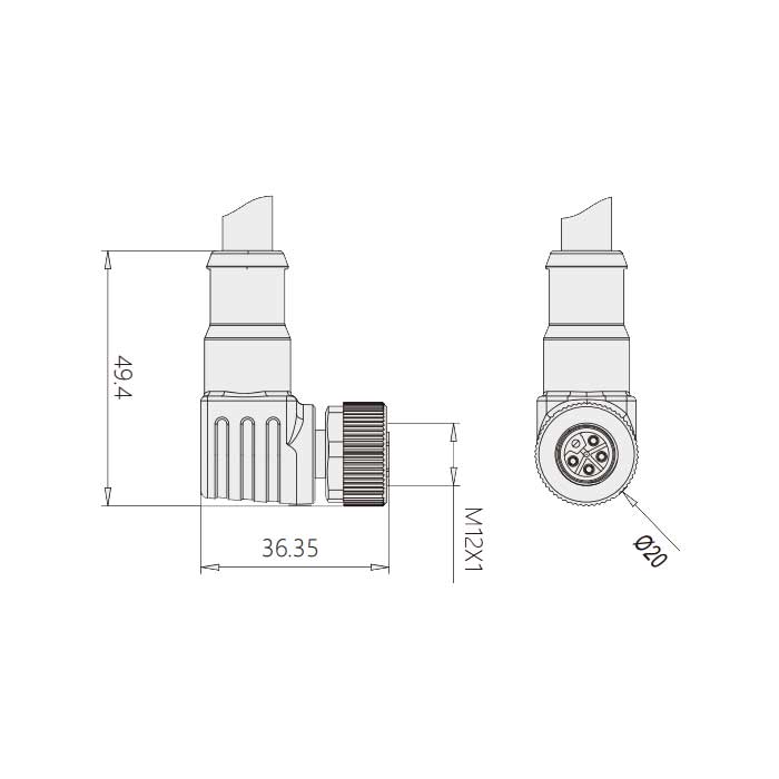 M12 5Pin、L-coded、母頭90°、單端預鑄PVC非柔性電纜、灰色護套、64LS41-XXX